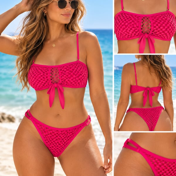 Zaful Neon Pink Fishnet Bikini SwimsuitSet XL New