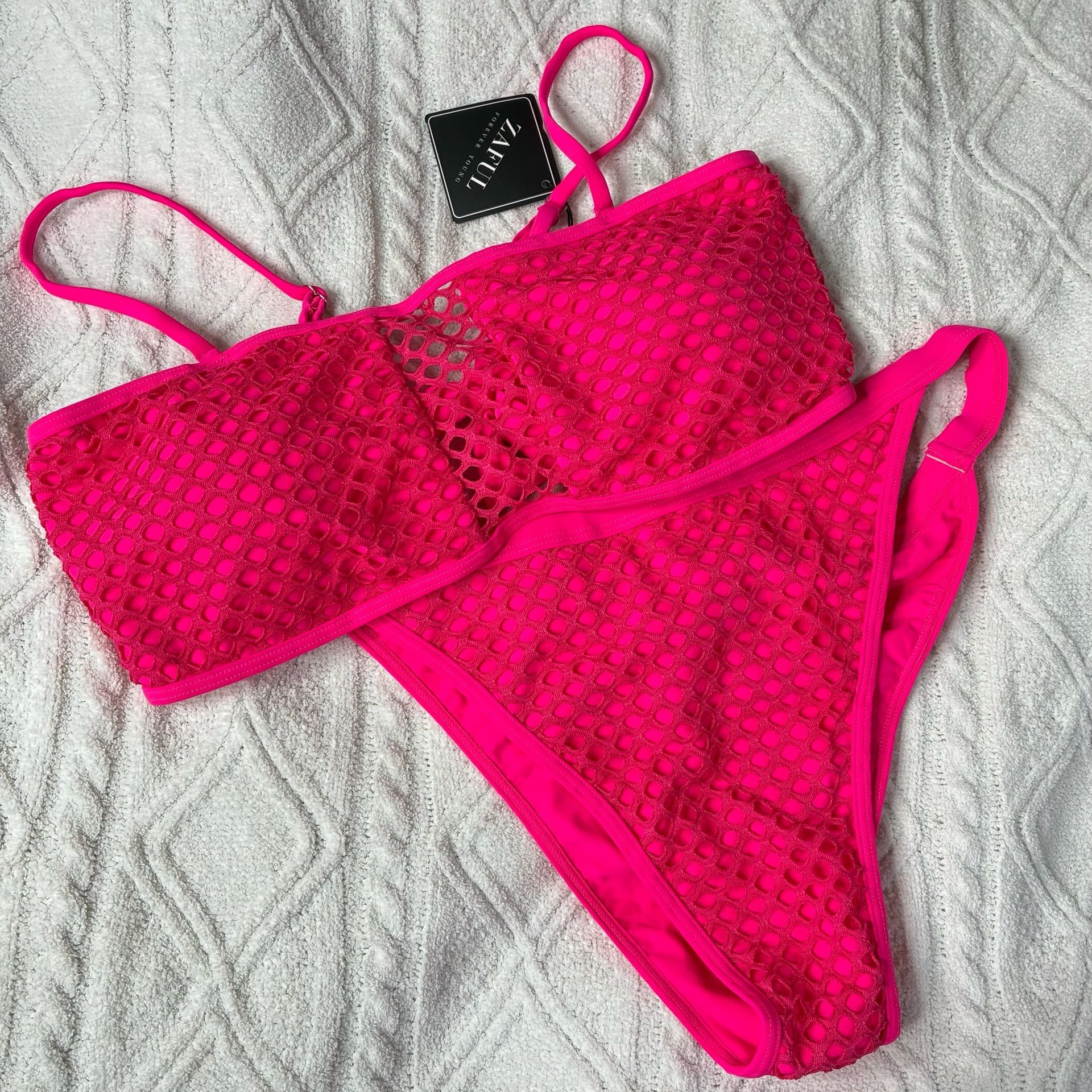 Zaful Neon Pink Fishnet Bikini SwimsuitSet XL New 7