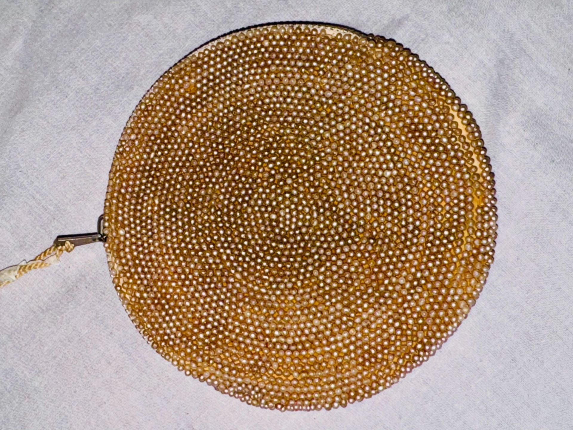 Vintage Beaded Round Coin Purse Gold Pearl Clutching Ring Zipper 2