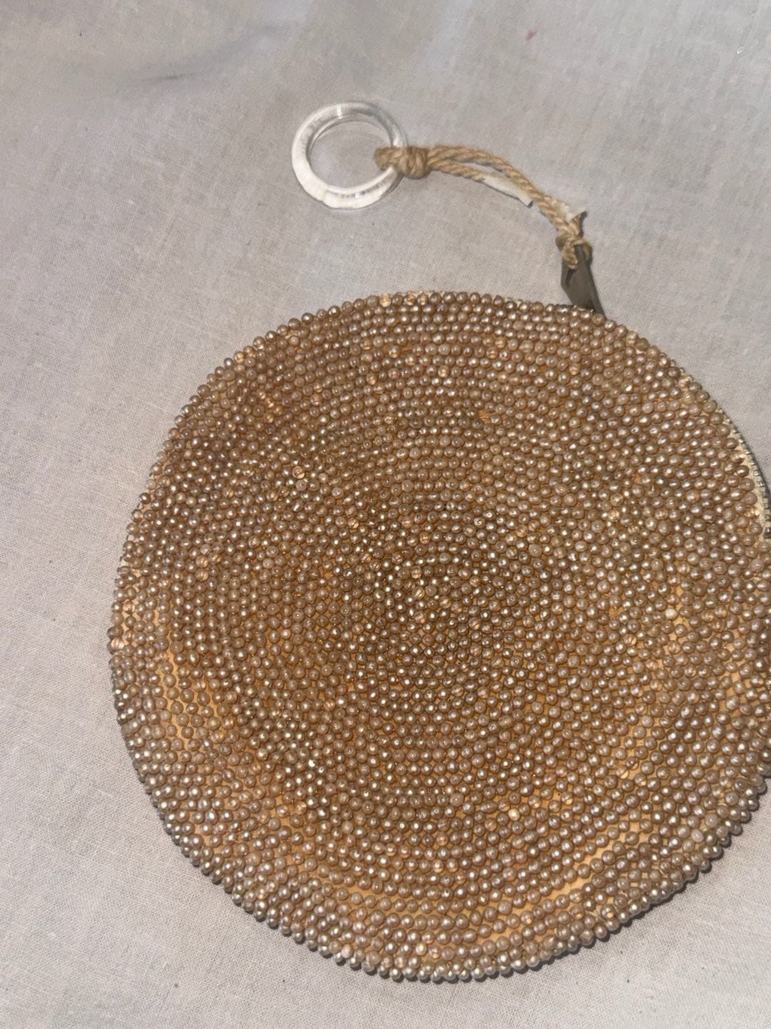 Vintage Beaded Round Coin Purse Gold Pearl Clutching Ring Zipper 3