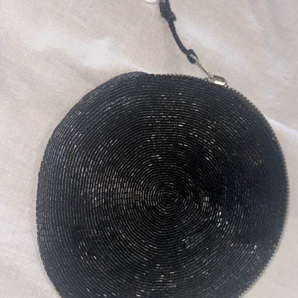 Vintage Black Beaded Round Coin Purse Zipper Pouch