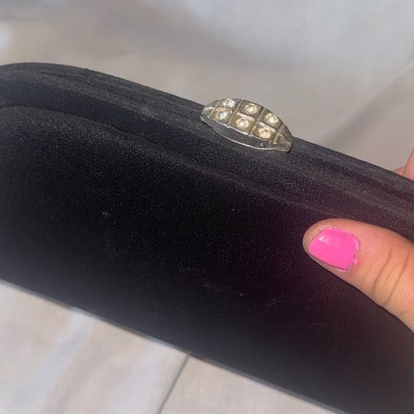 Vintage Black Satin Evening Clutch Rhinestone Kiss Lock Clasp