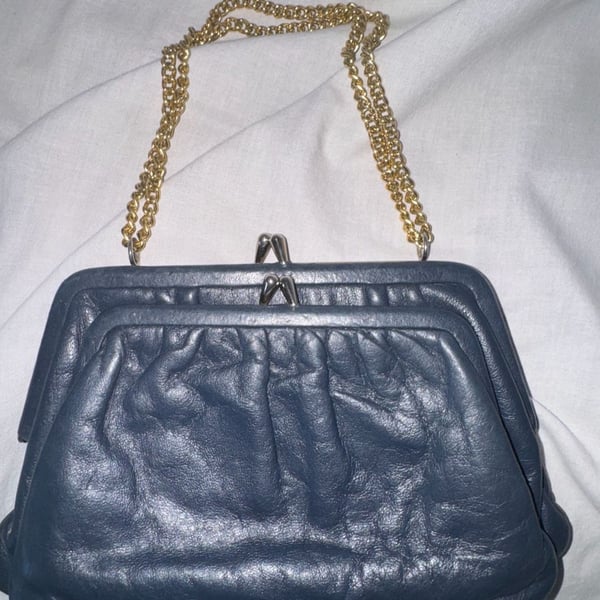Etra Vintage Blue Leather Kisslock Double Frame Shoulder Bag