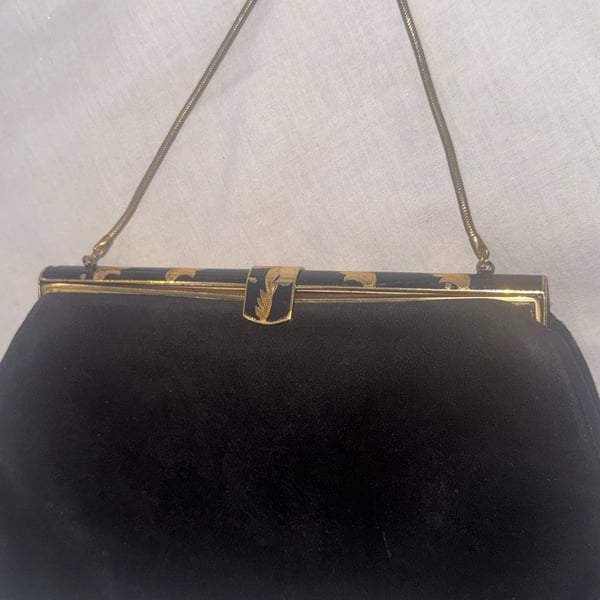 Vintage Black Suede Gold Enamel Evening Bag Made In France