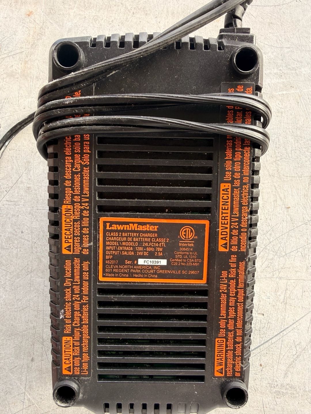 LawnMaster 24V Lithium Battery Charger Model 24LFC14-ETL 4