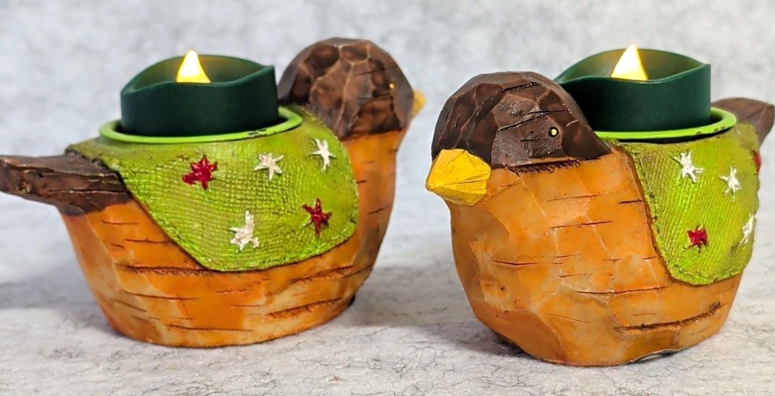 Shaved Wood Chip Pumpkin Fall Decor & Resin Bird Tealight Set Centerpiece
3