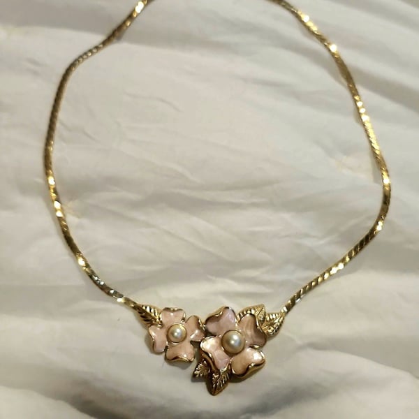 Trifari Dogwood Floral Enamel Faux Pearl Gold Tone Necklace