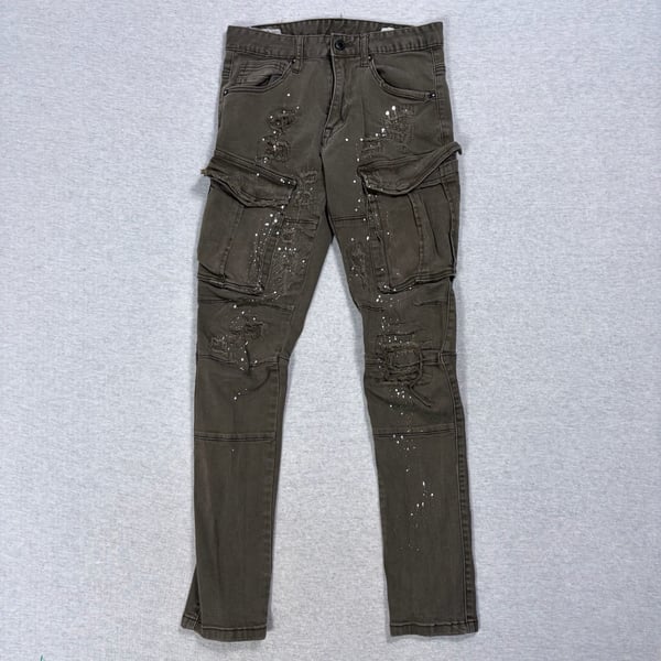 Smoke Rise Cargo Jeans Size 30x32 Olive Green Distressed Paint Splatter