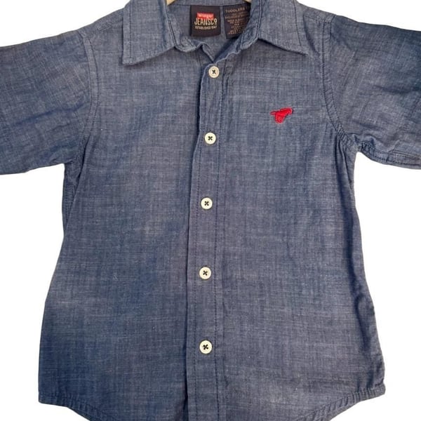 Wrangler Button Up Shirt Size 3T Toddler Blue Chambray Short Sleeve