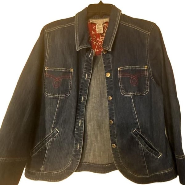 Sag Harbor Sport Women's Denim Jacket with Red Paisley Lining and Contrast Stitching