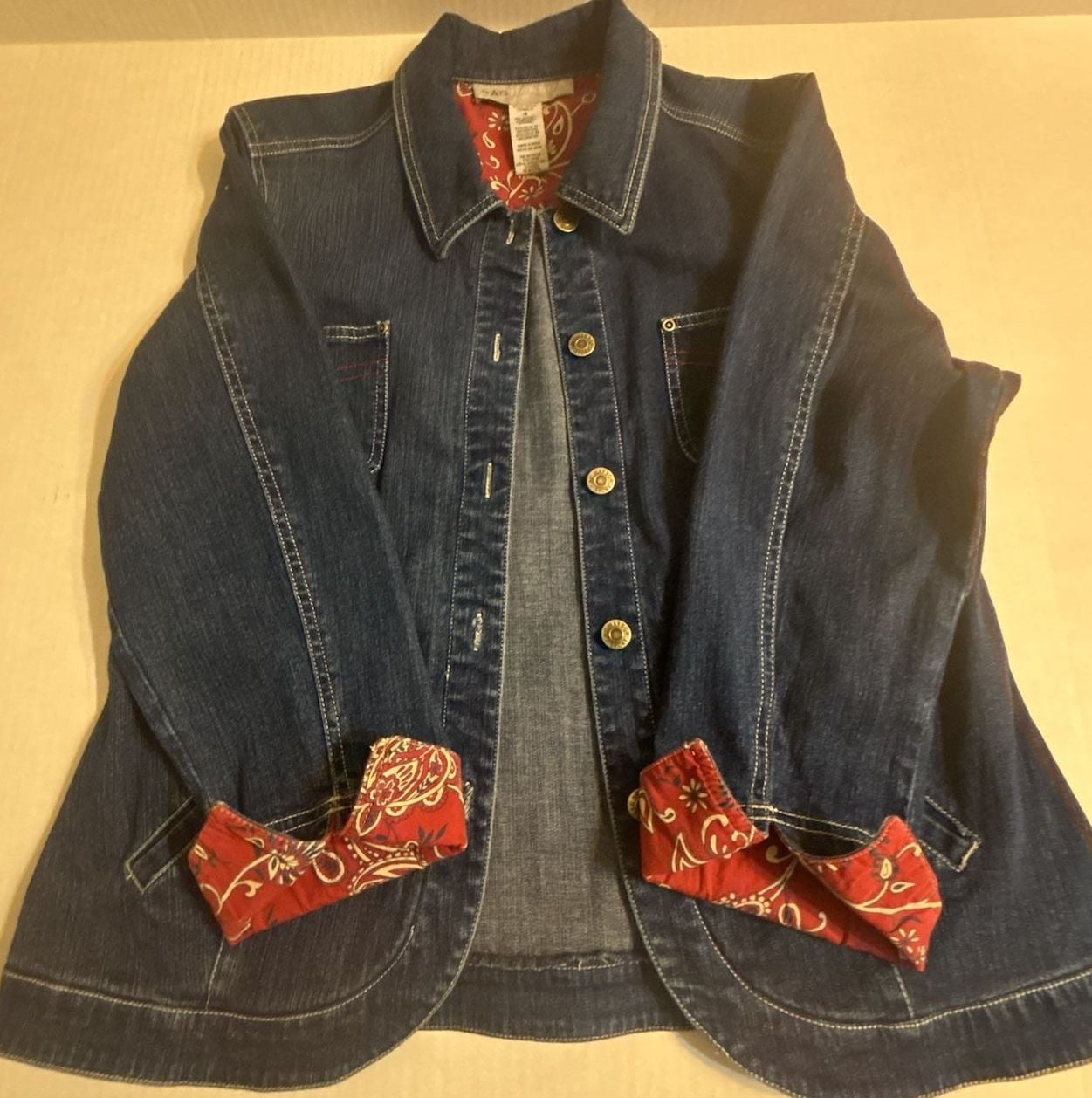 Sag Harbor Sport Women's Denim Jacket with Red Paisley Lining and Contrast Stitching 6
