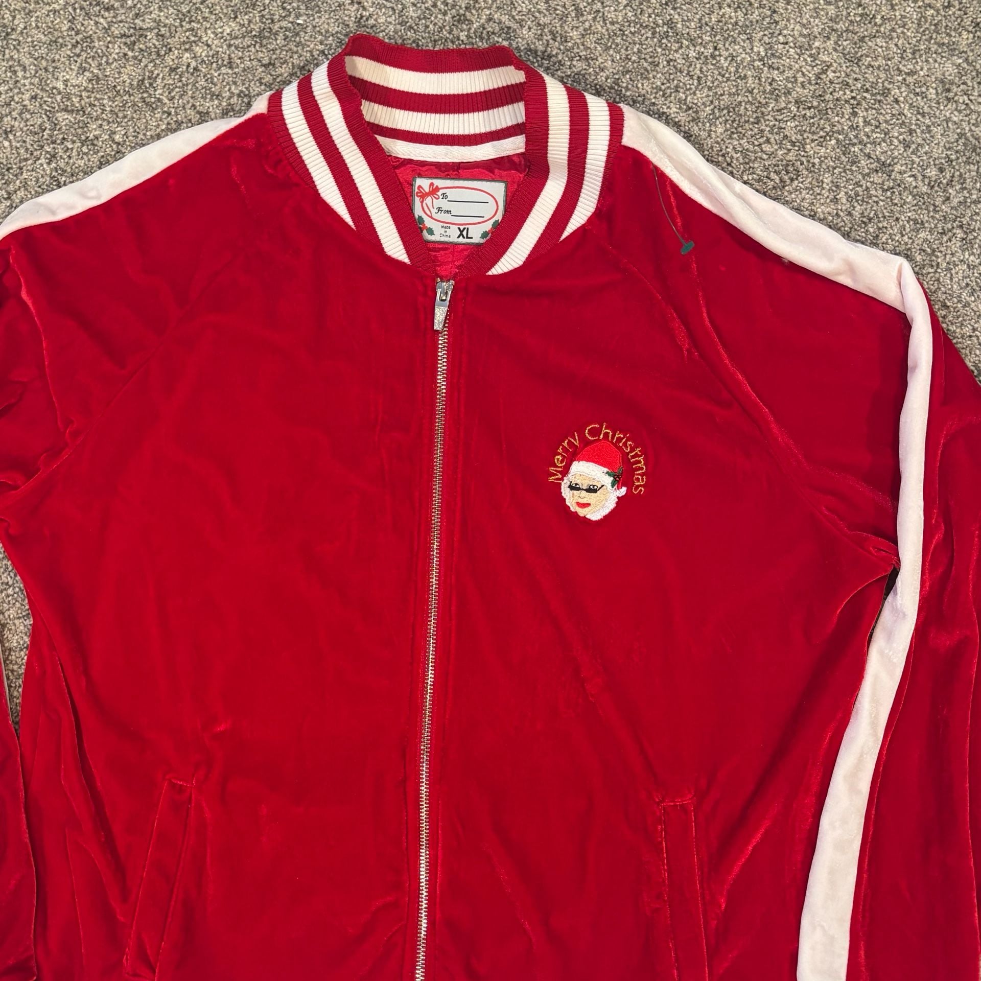 Mrs Santa Christmas Velour Sequin Track Jacket Size XL Red 11