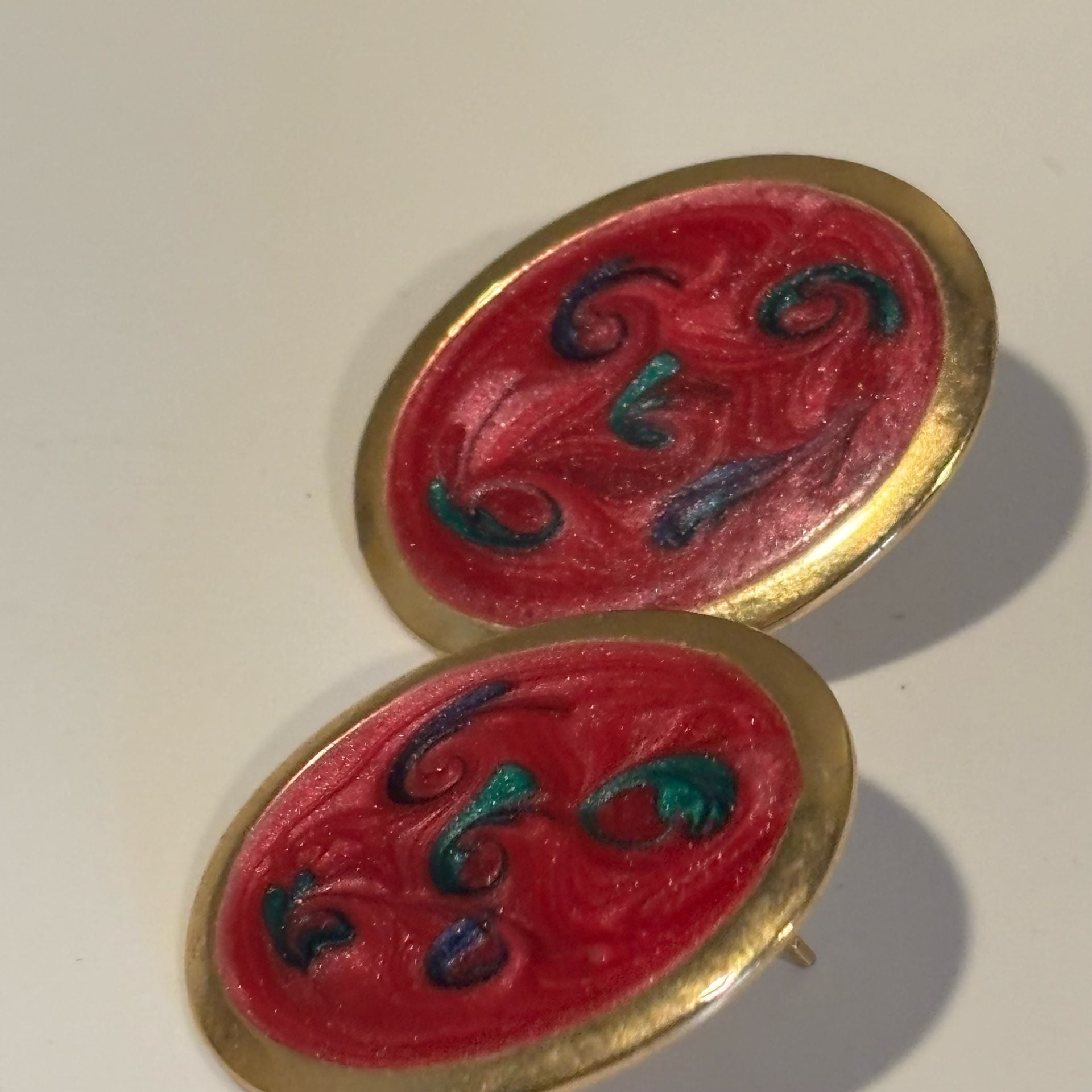 Vintage Gold Tone Red Swirl Enamel Oval Stud Earrings 4