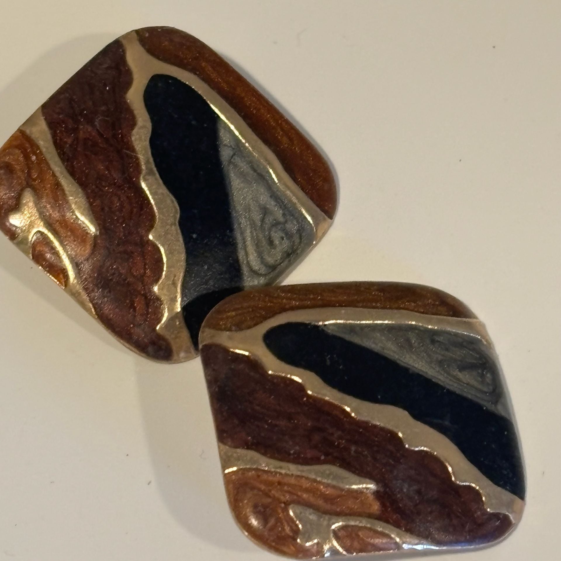 Vintage Swirl Enamel Statement Earrings Brown Black Gold Tone 2
