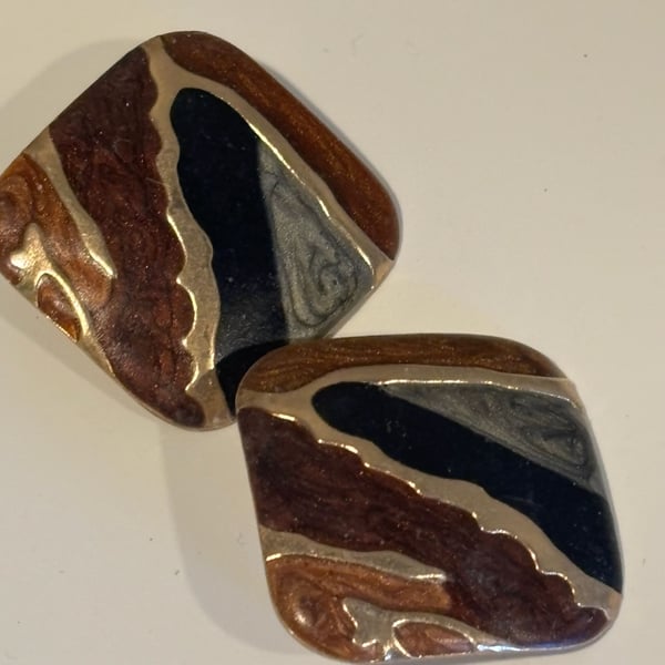 Vintage Swirl Enamel Statement Earrings Brown Black Gold Tone