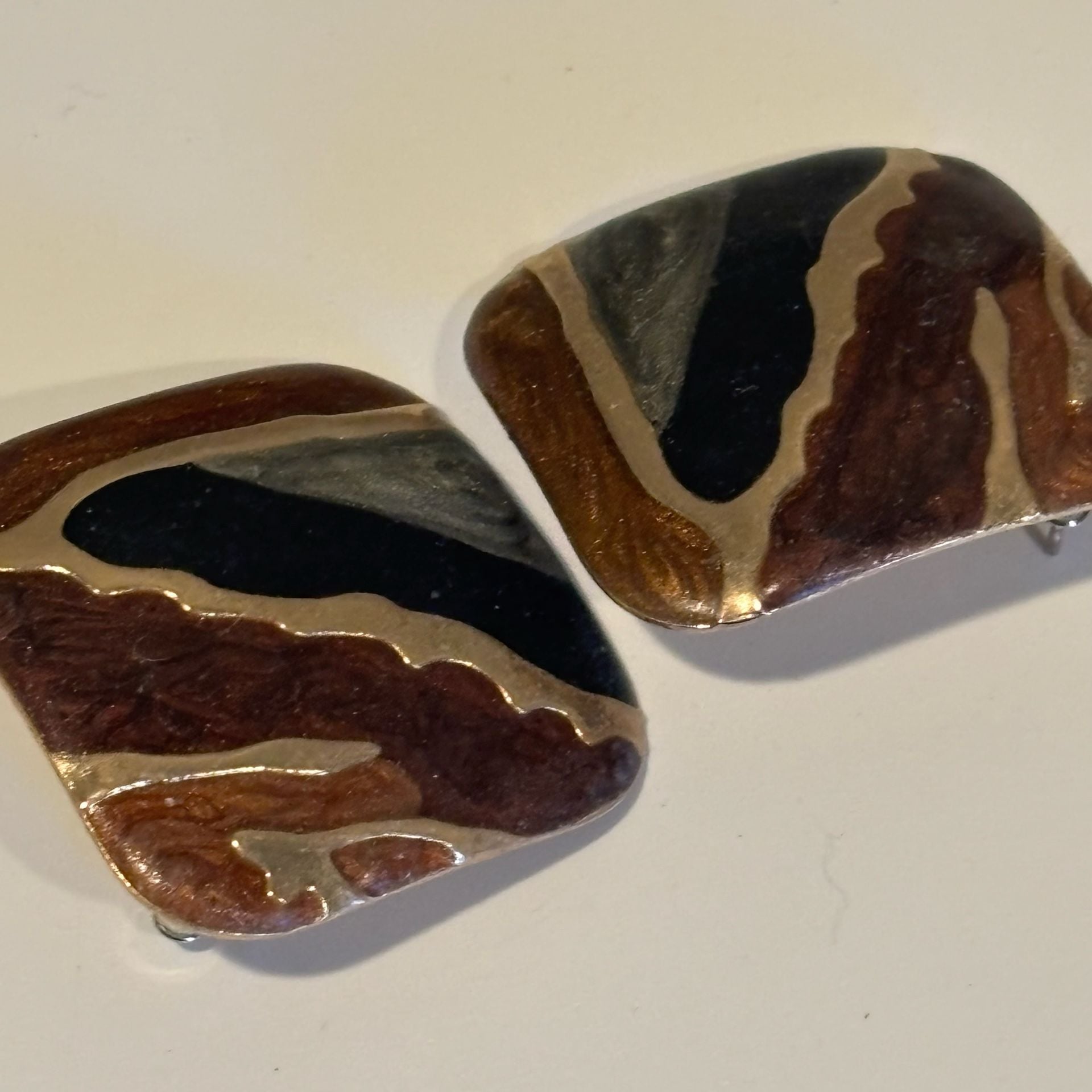Vintage Swirl Enamel Statement Earrings Brown Black Gold Tone 3