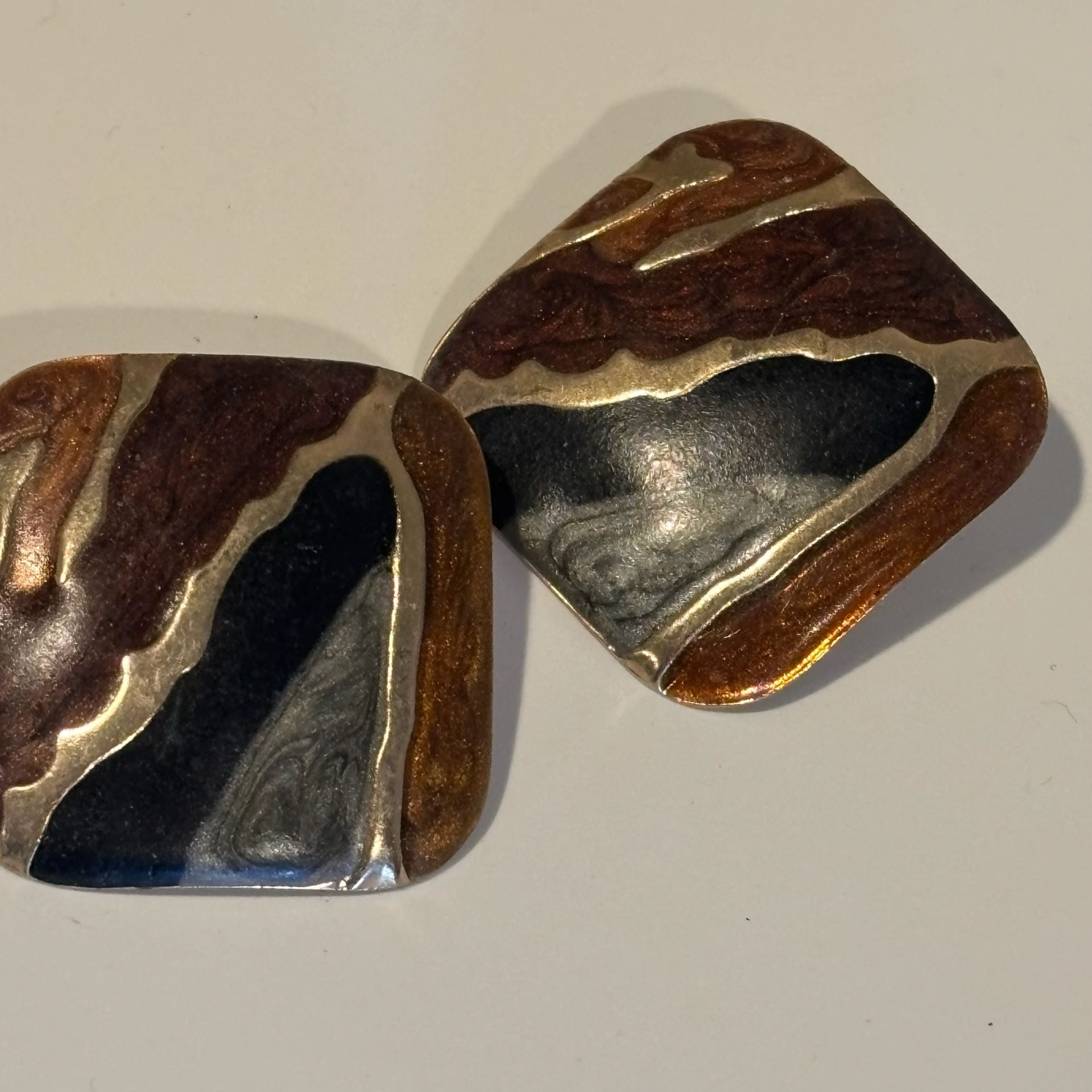 Vintage Swirl Enamel Statement Earrings Brown Black Gold Tone 8