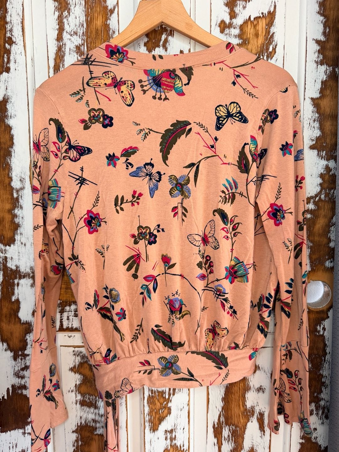 Abercrombie & Fitch Tie Wrap Long Sleeve Blouse Size L Pink Floral Butterfly Y2K 3