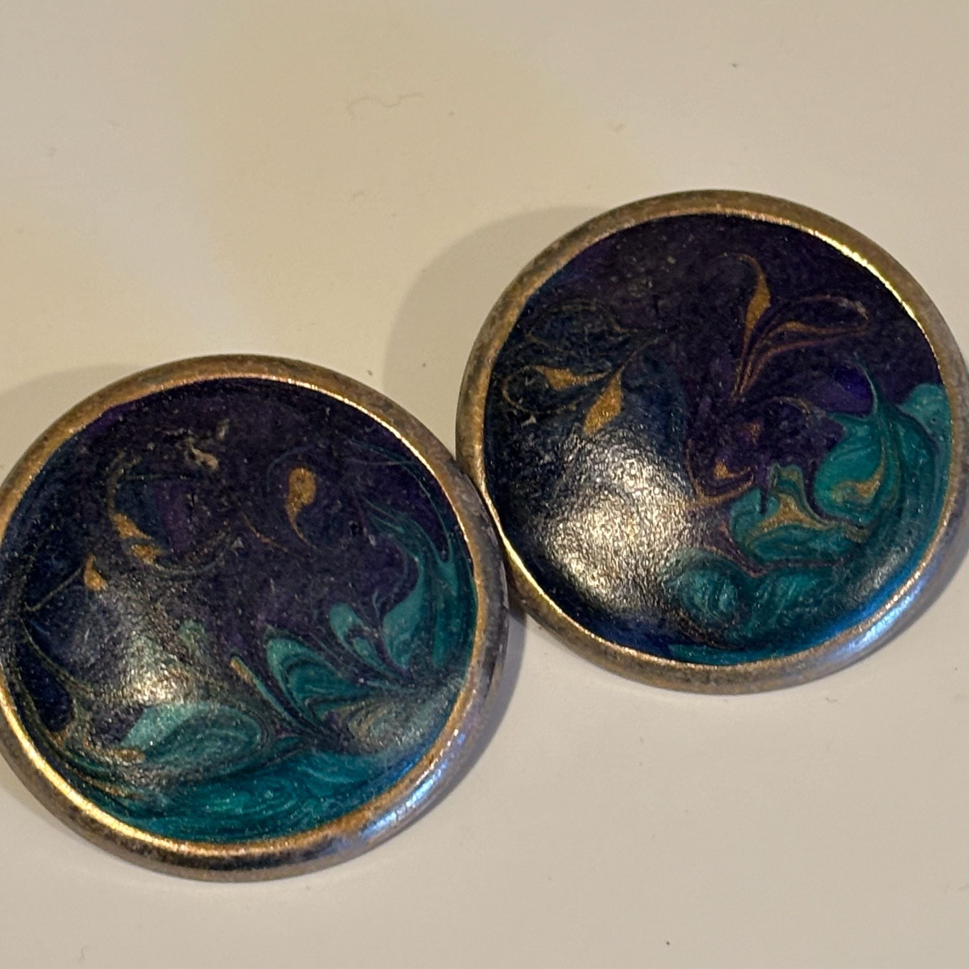 Vintage Hand Painted Enamel Earrings Blue Teal Gold Swirls 2