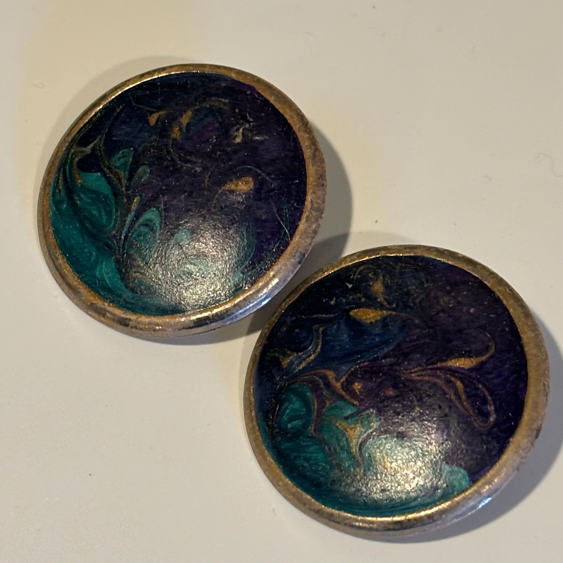Vintage Hand Painted Enamel Earrings Blue Teal Gold Swirls 3