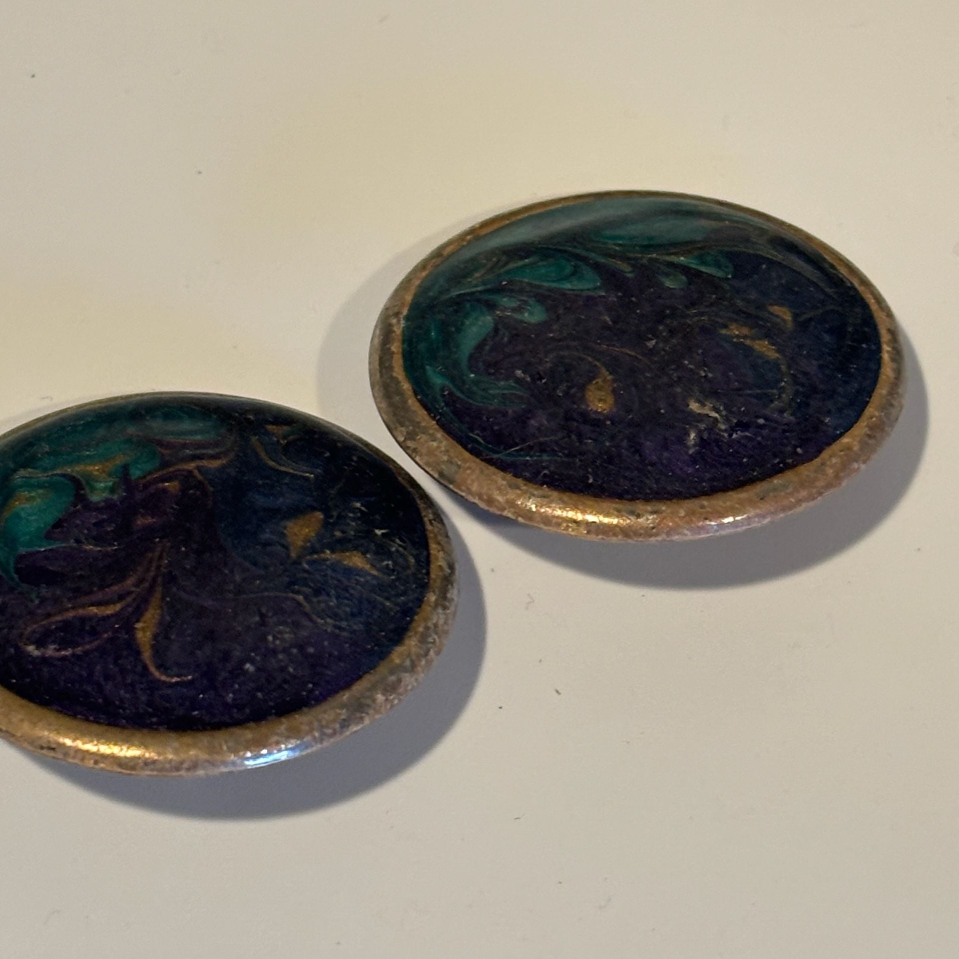 Vintage Hand Painted Enamel Earrings Blue Teal Gold Swirls 4
