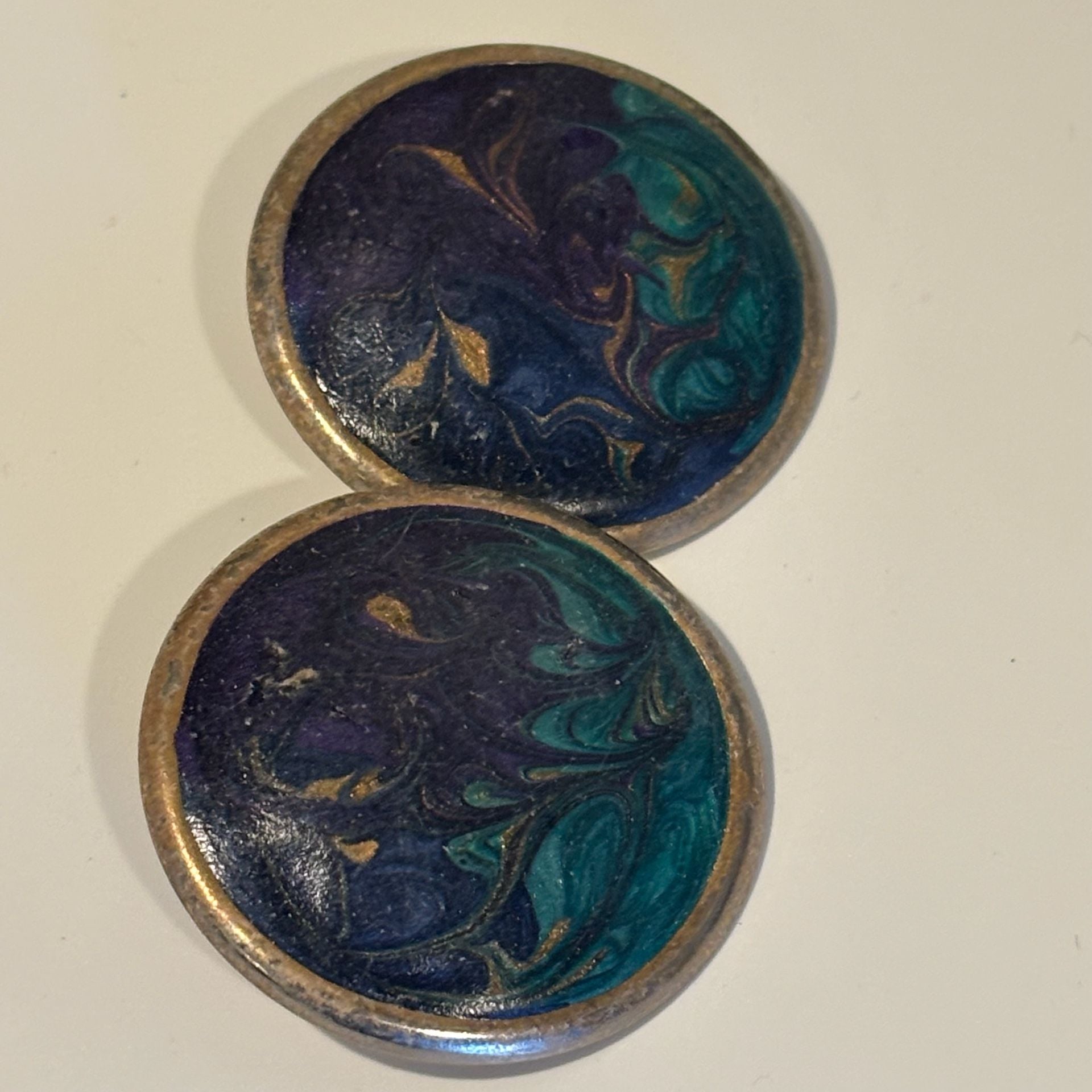 Vintage Hand Painted Enamel Earrings Blue Teal Gold Swirls 5