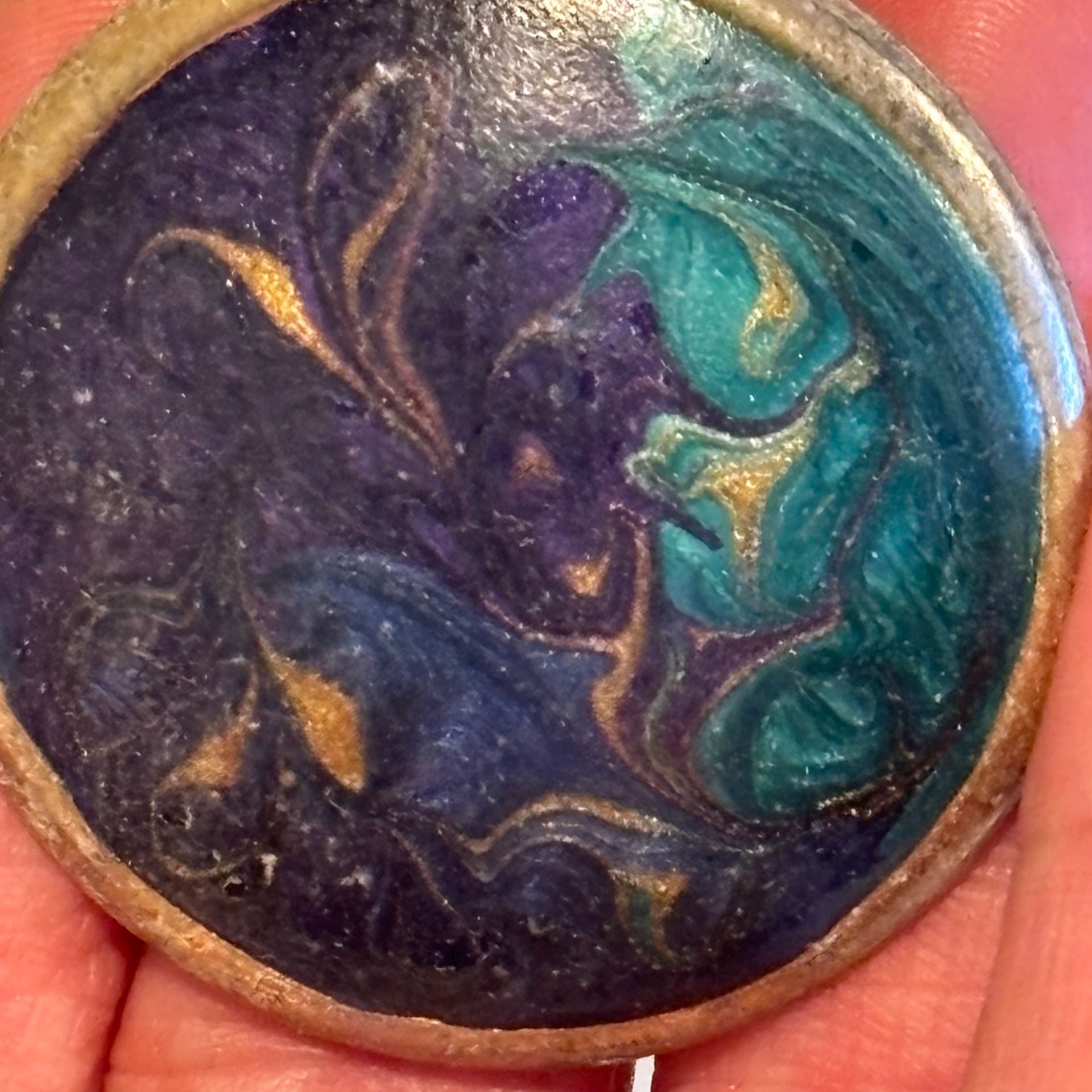 Vintage Hand Painted Enamel Earrings Blue Teal Gold Swirls 6