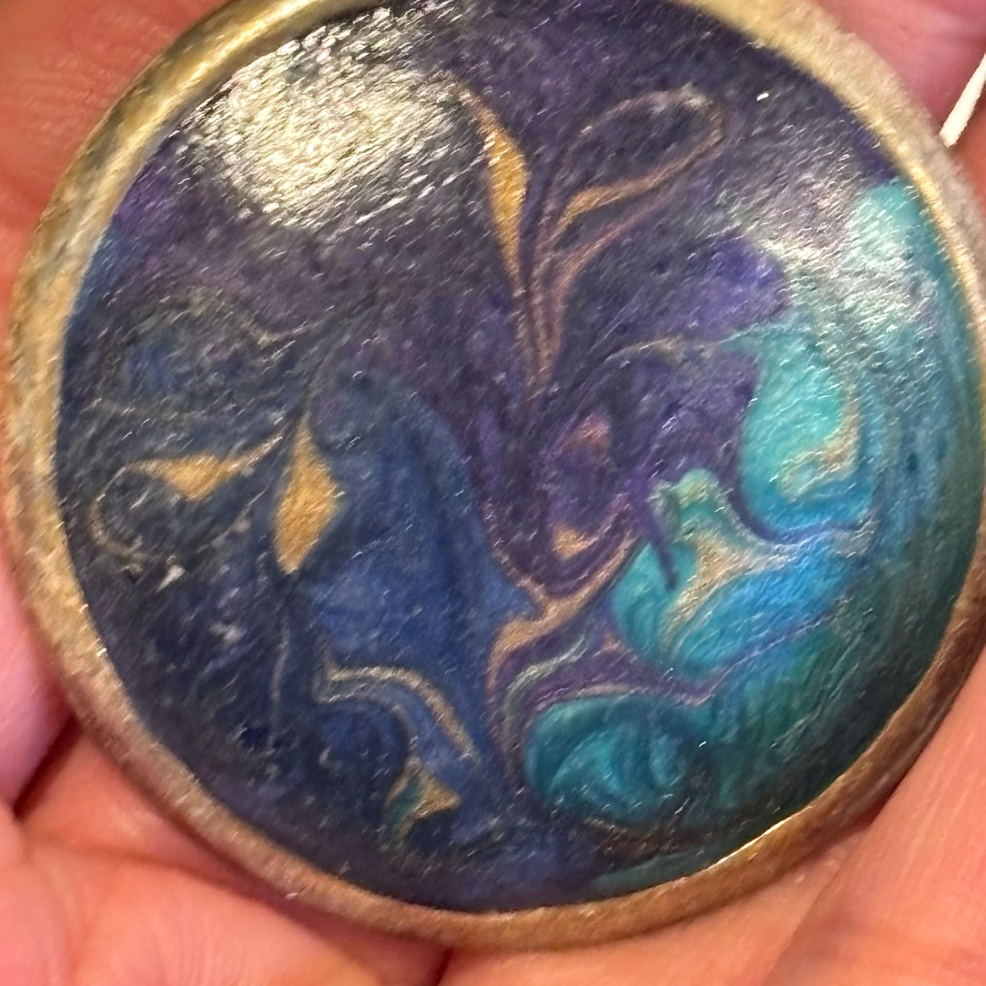 Vintage Hand Painted Enamel Earrings Blue Teal Gold Swirls 7