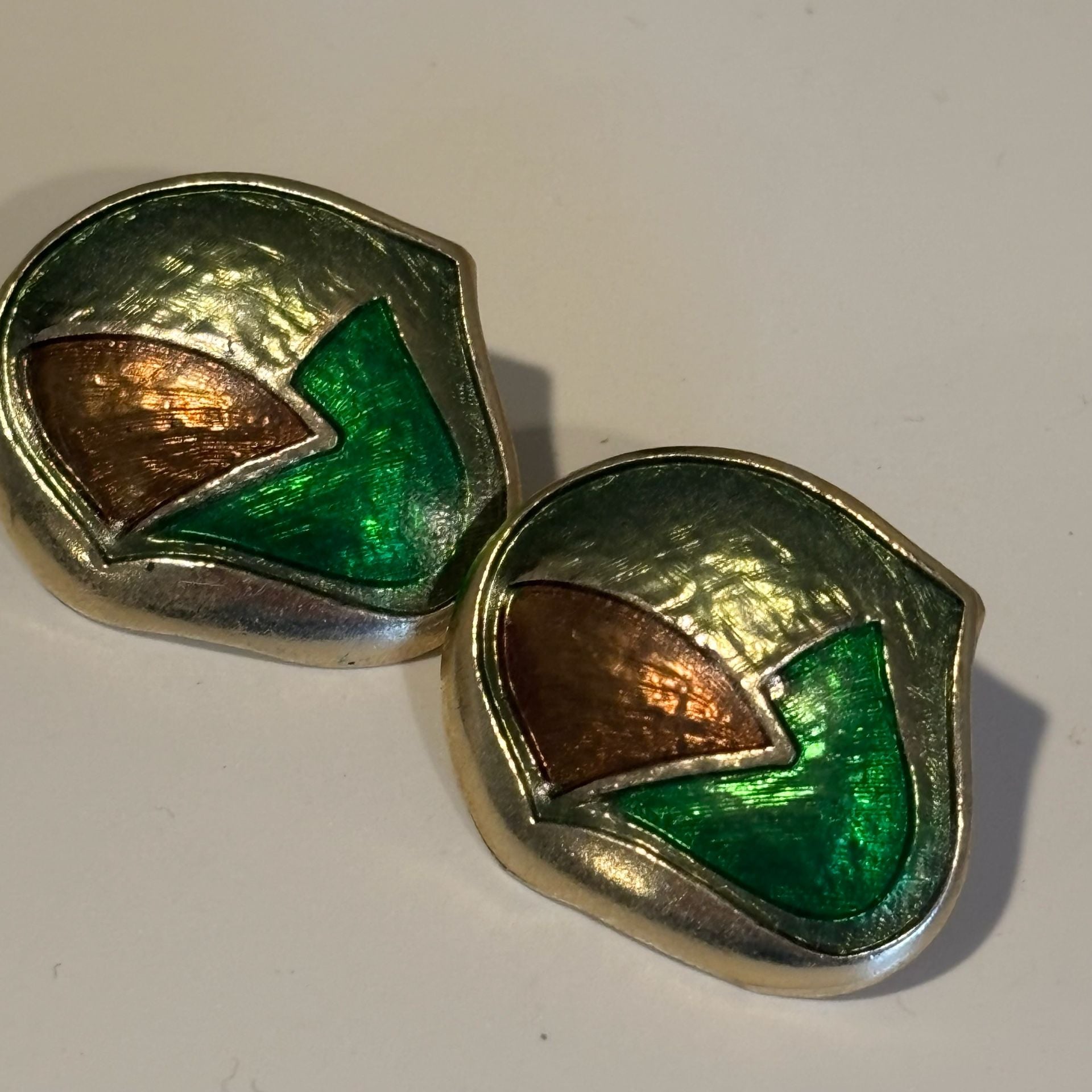 Vintage Enamel Geometric Statement Earrings Green Gold 2
