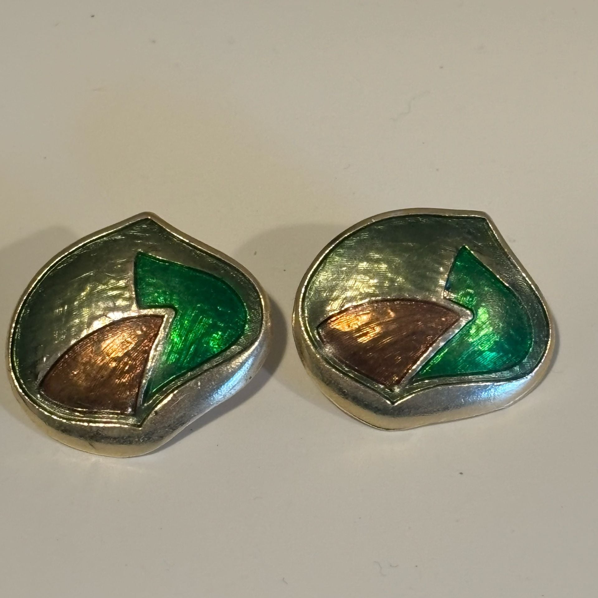 Vintage Enamel Geometric Statement Earrings Green Gold 3
