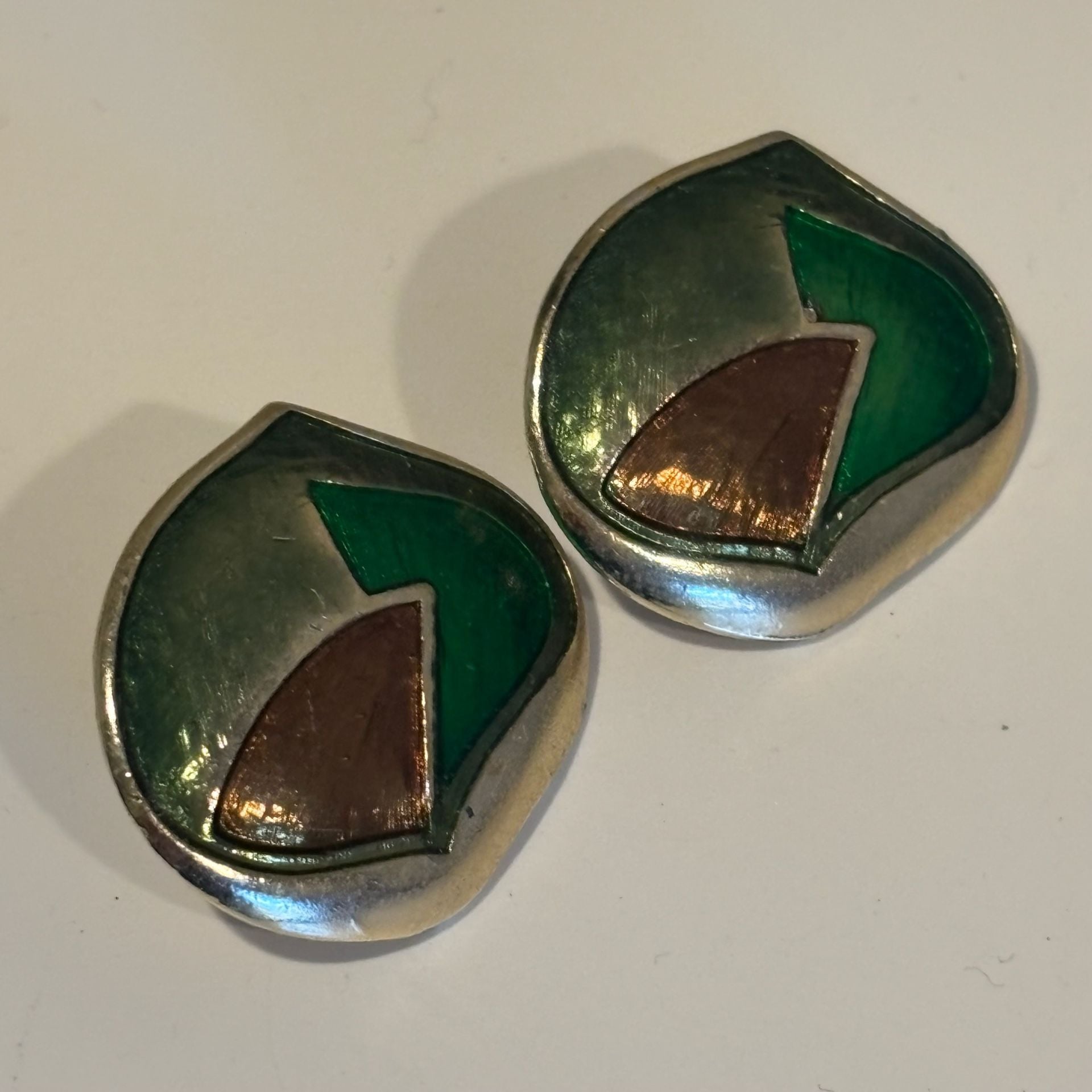 Vintage Enamel Geometric Statement Earrings Green Gold 8