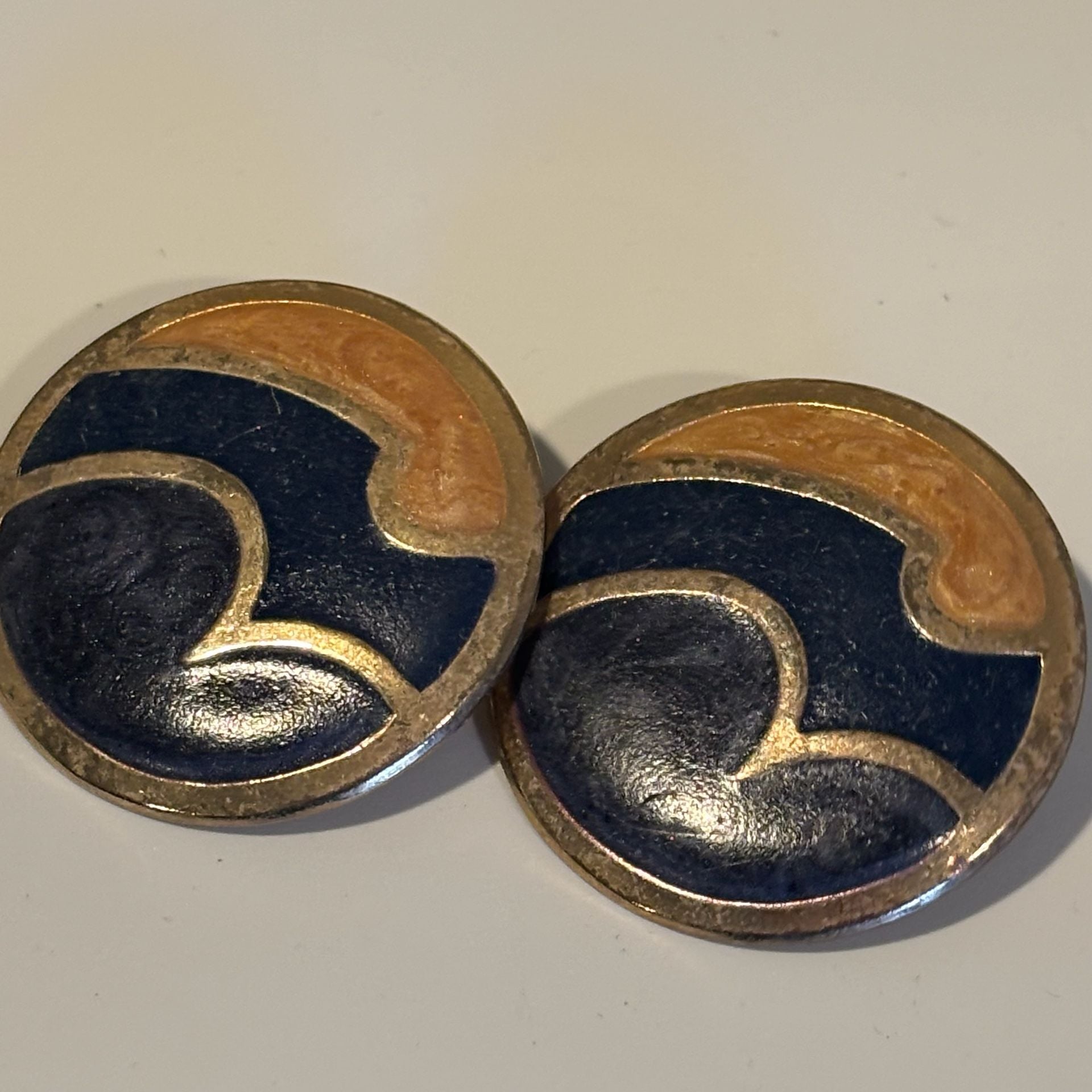 Vintage Enamel Earrings Blue Orange Gold Tone 2