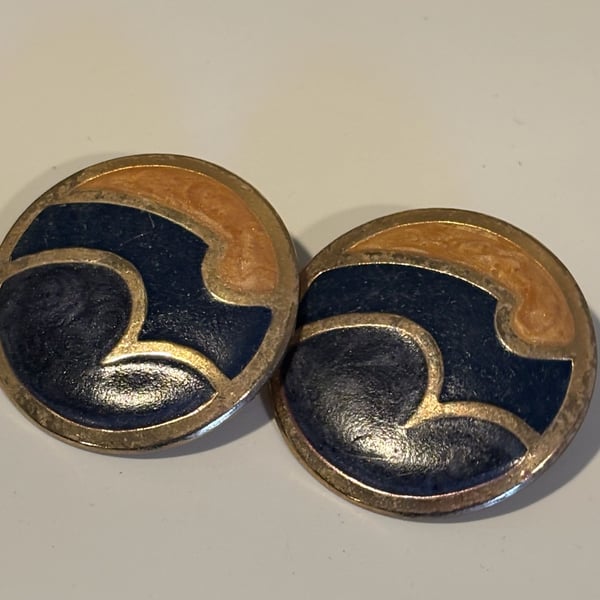 Vintage Enamel Earrings Blue Orange Gold Tone