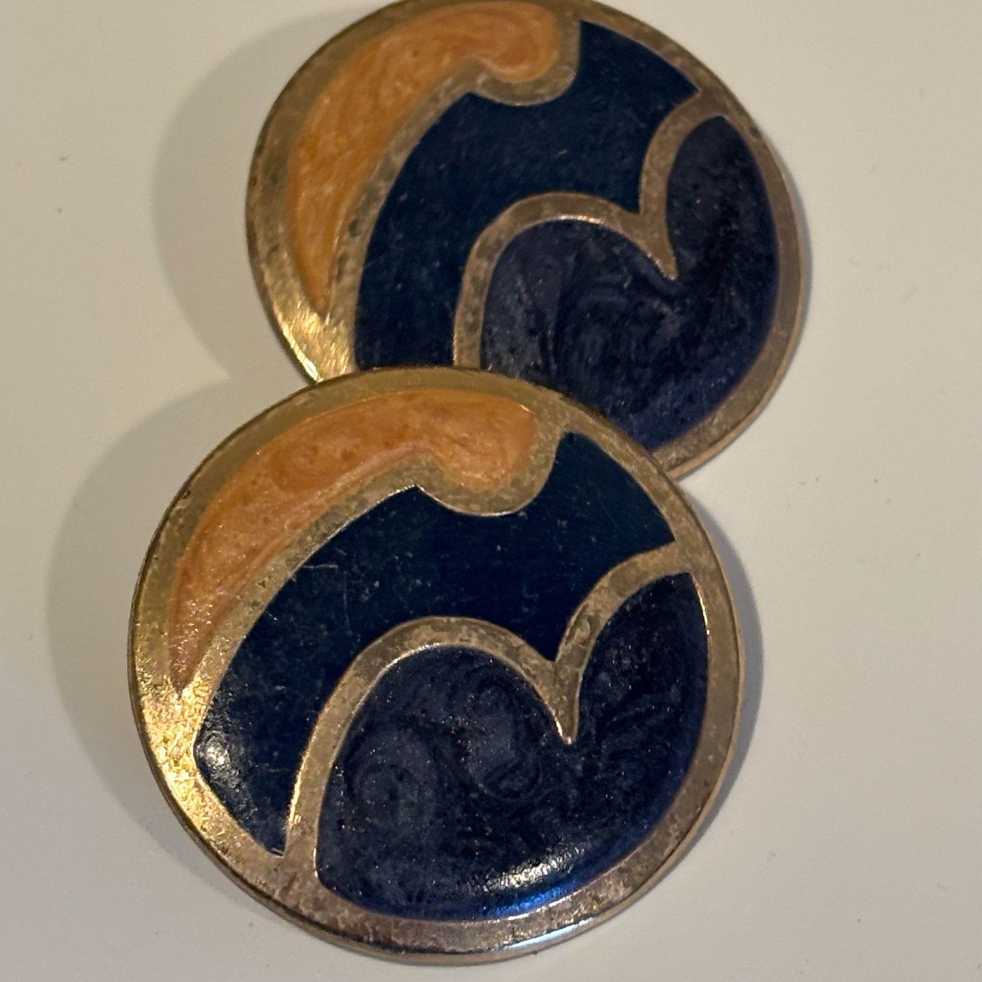 Vintage Enamel Earrings Blue Orange Gold Tone 4