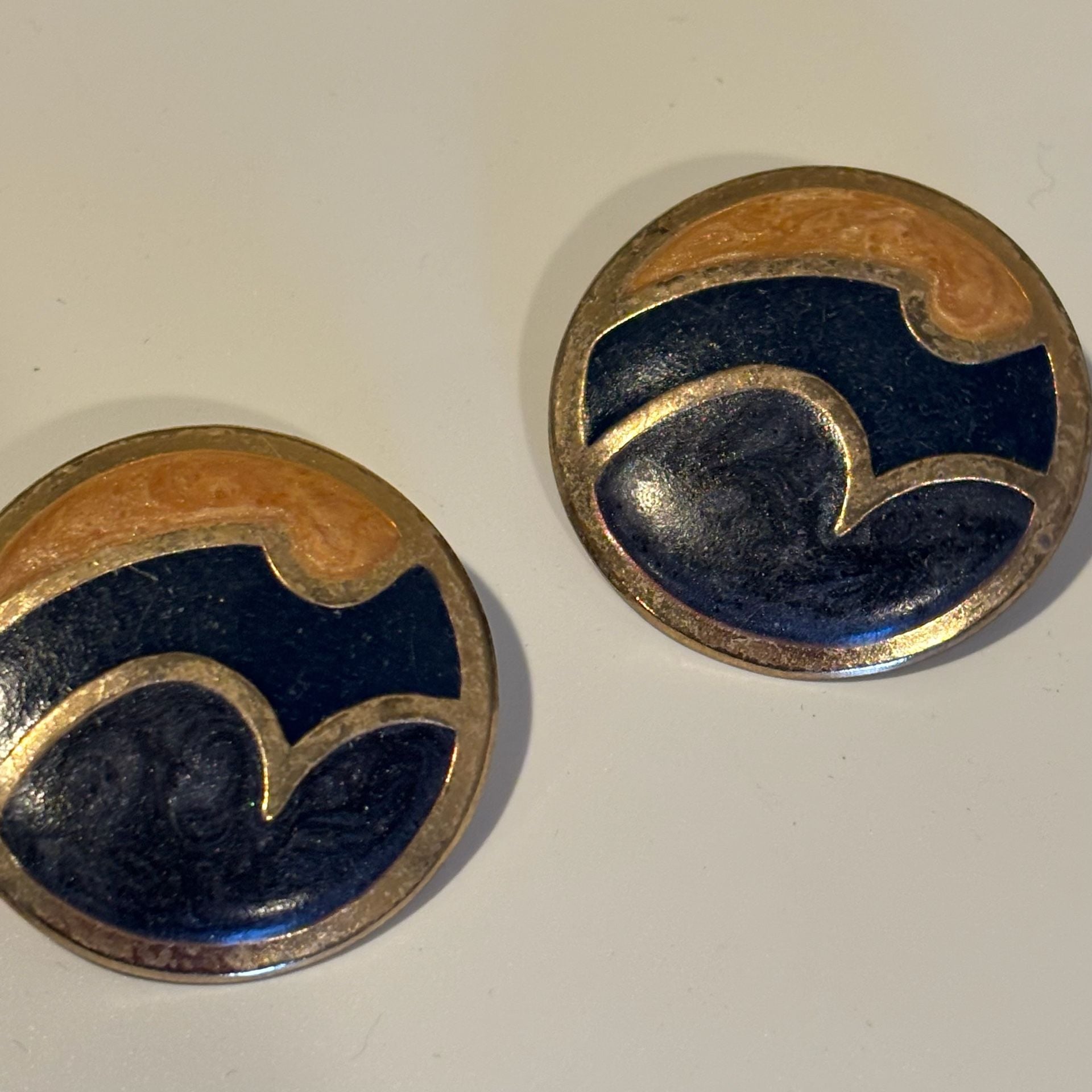Vintage Enamel Earrings Blue Orange Gold Tone 5