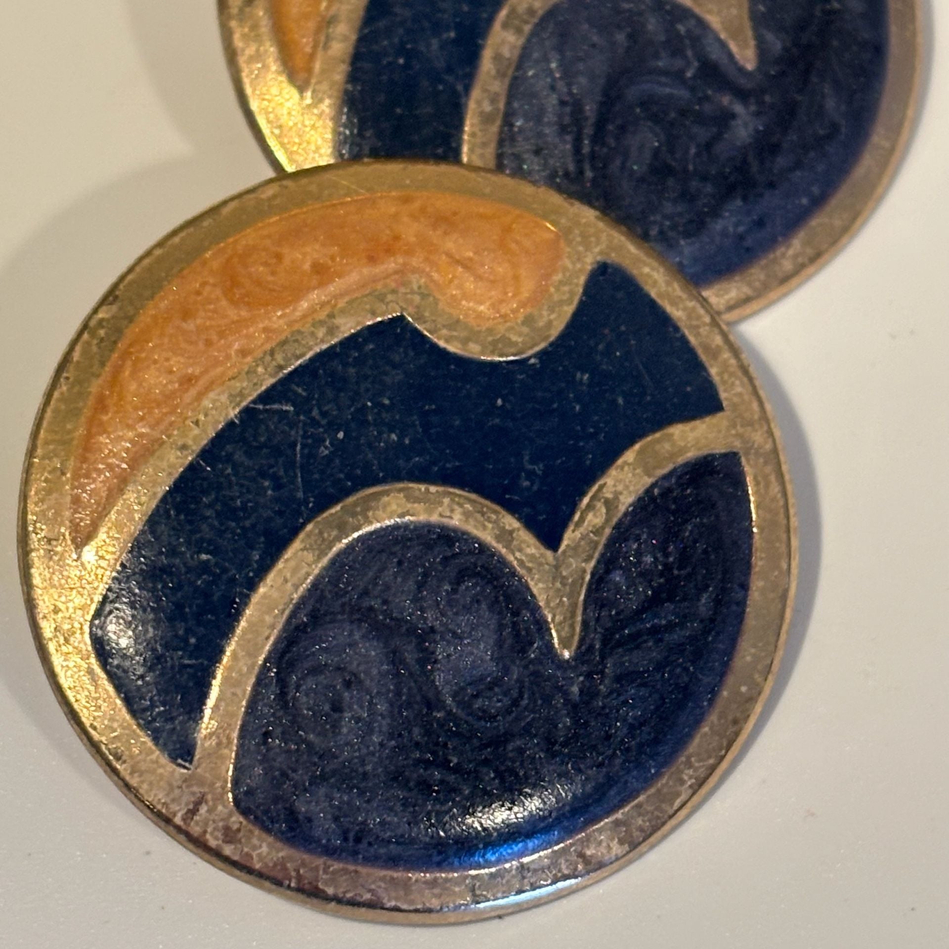 Vintage Enamel Earrings Blue Orange Gold Tone 6