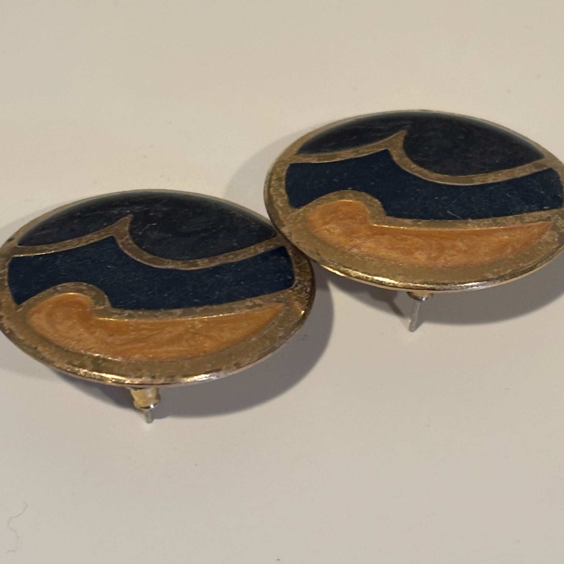Vintage Enamel Earrings Blue Orange Gold Tone 7