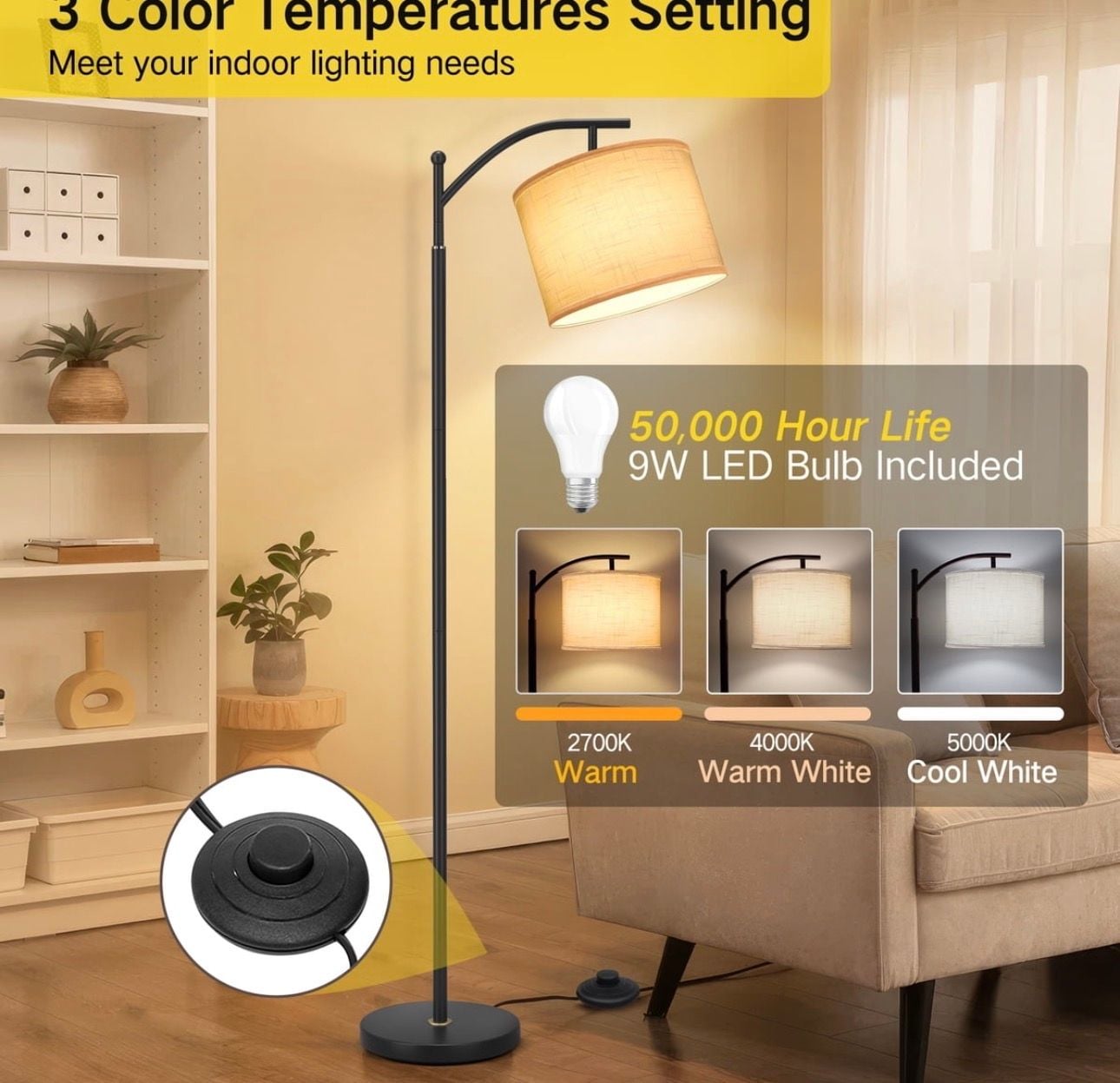 OUTON 63-Inch Arc Metal Floor Lamp with Linen Shade Black 1