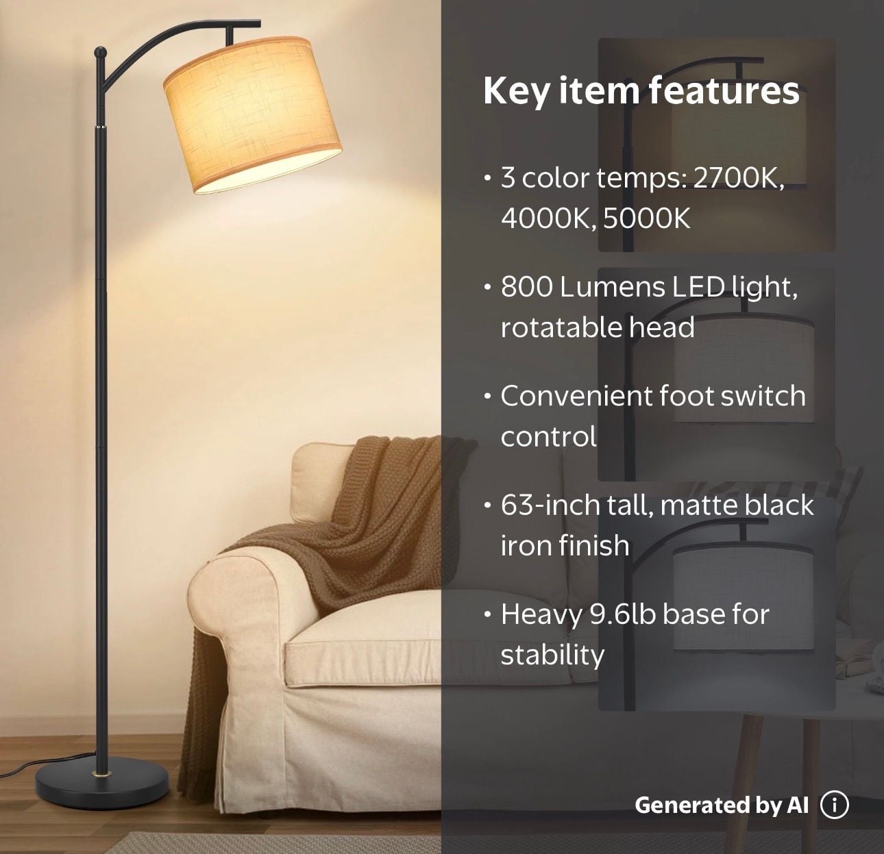 OUTON 63-Inch Arc Metal Floor Lamp with Linen Shade Black 2