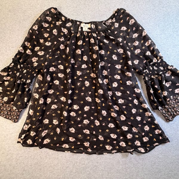 Style & Co Blouse Size M Black Floral Chiffon Smocked Bell Sleeve