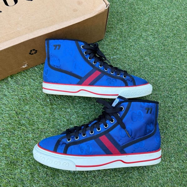 Gucci Tennis 1977 Off The Grid High Top Size 6.5 Blue GG Monogram Sneaker