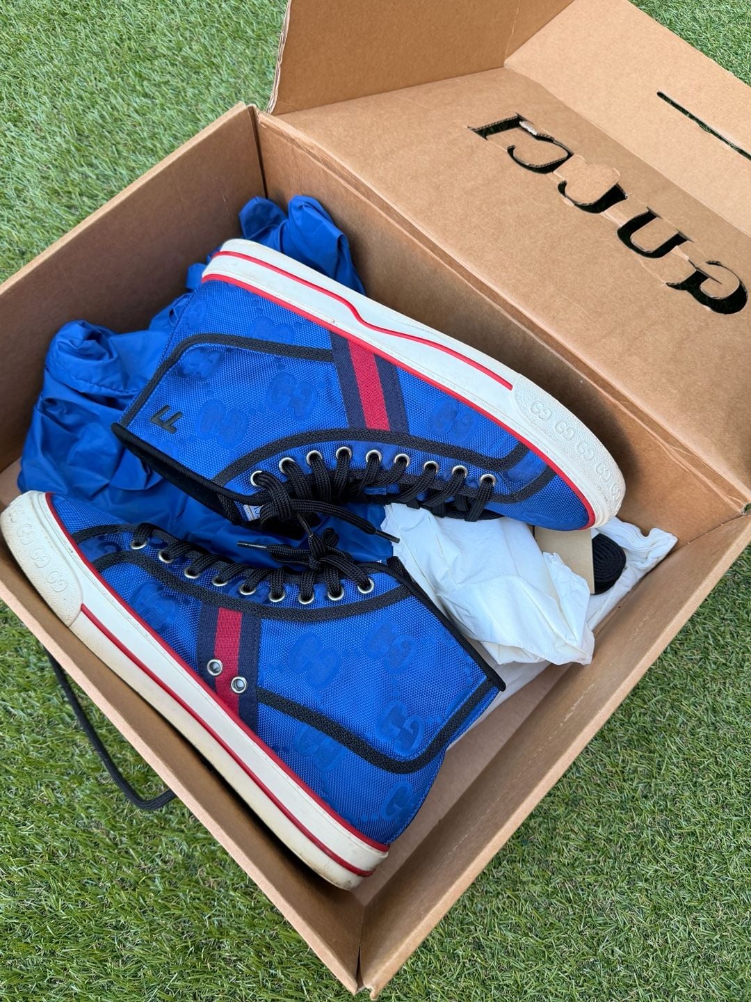 Gucci Tennis 1977 Off The Grid High Top Size 6.5 Blue GG Monogram Sneaker 10