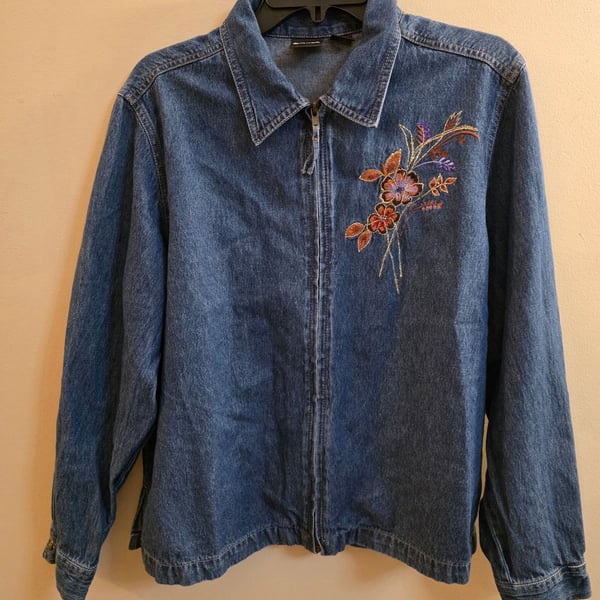 Erika Embroidered Floral Denim Jacket Medium Blue Full Zip