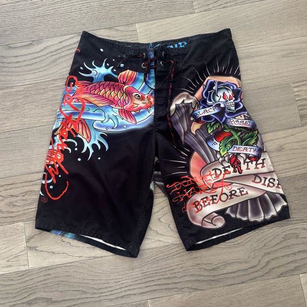 Ed Hardy Death Before Dishonor Board Shorts Size 34 Black
