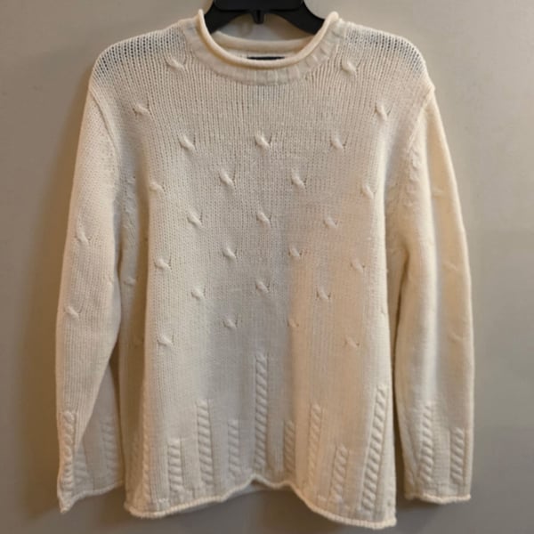 LOFT Bobble Pointelle Crew Neck Sweater Ivory Cream