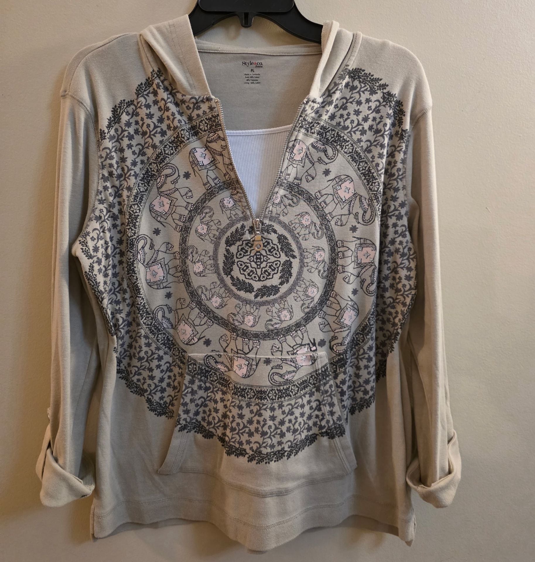 Style & Co. Petite PL Hoodie Elephant Mandala Graphic Gray Long Sleeve 2
