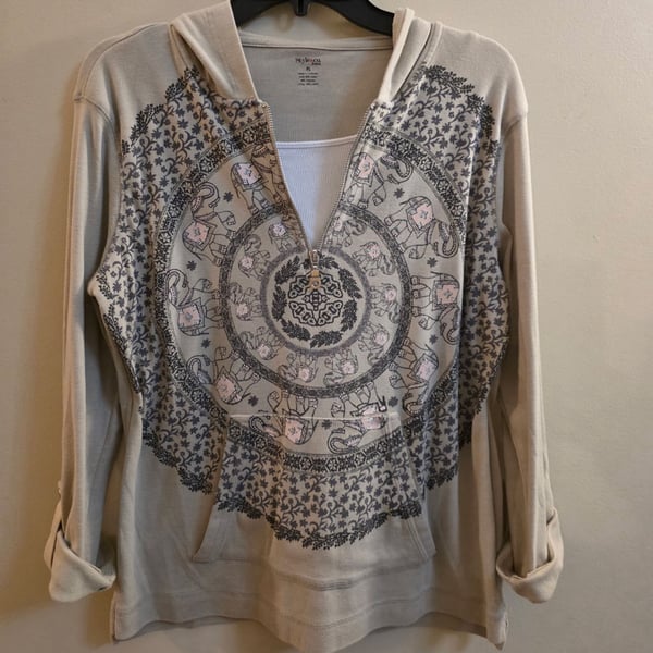 Style & Co. Petite PL Hoodie Elephant Mandala Graphic Gray Long Sleeve
