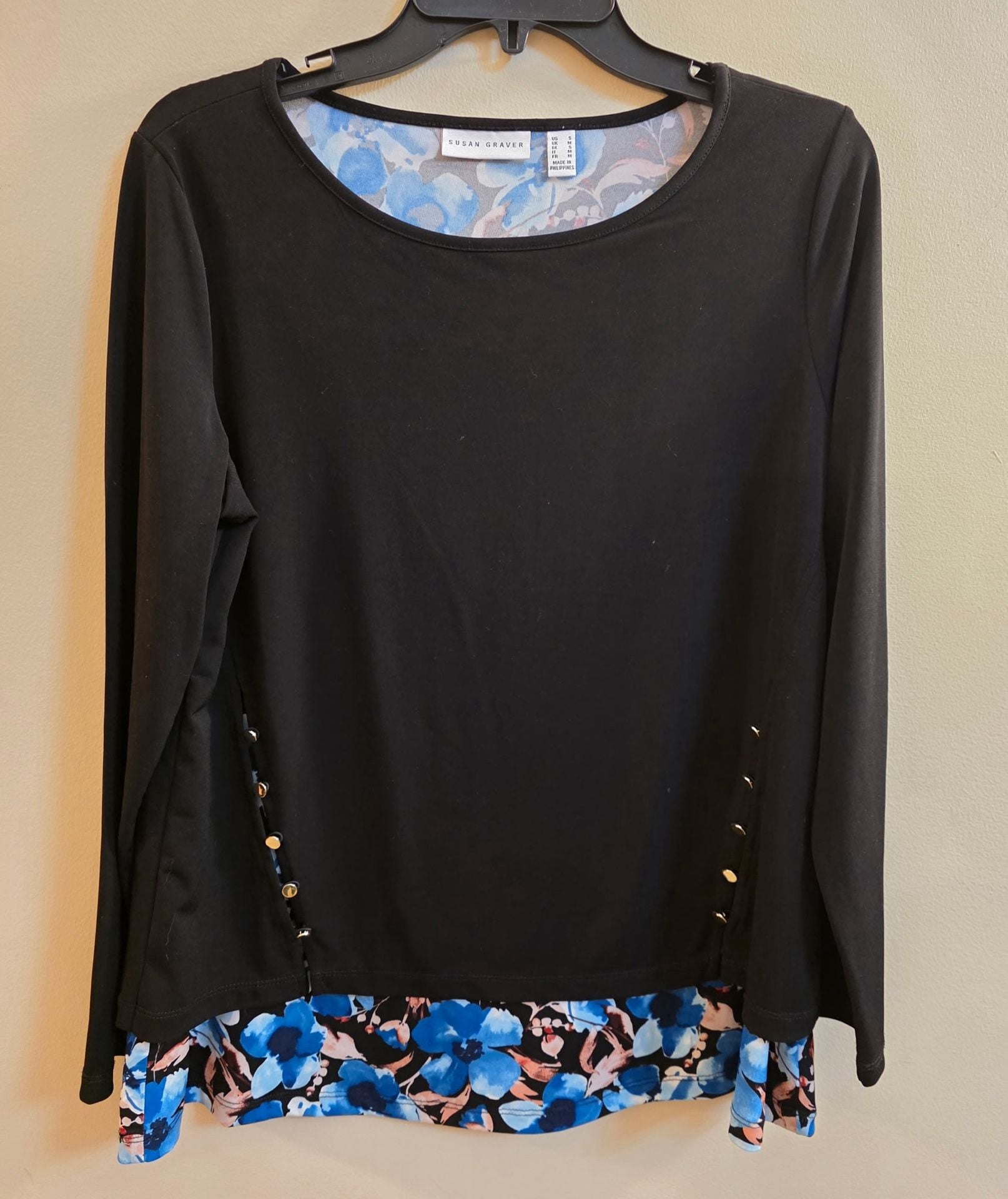 Susan Graver Long Sleeve Layered Top Size S Black Blue Floral 2