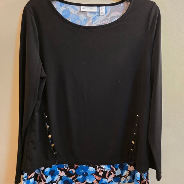 Susan Graver Long Sleeve Layered Top Size S Black Blue Floral
