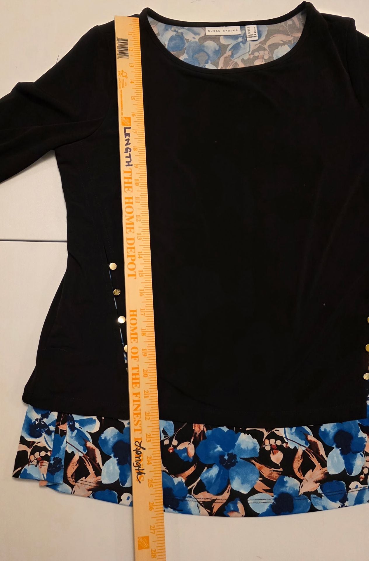 Susan Graver Long Sleeve Layered Top Size S Black Blue Floral 7